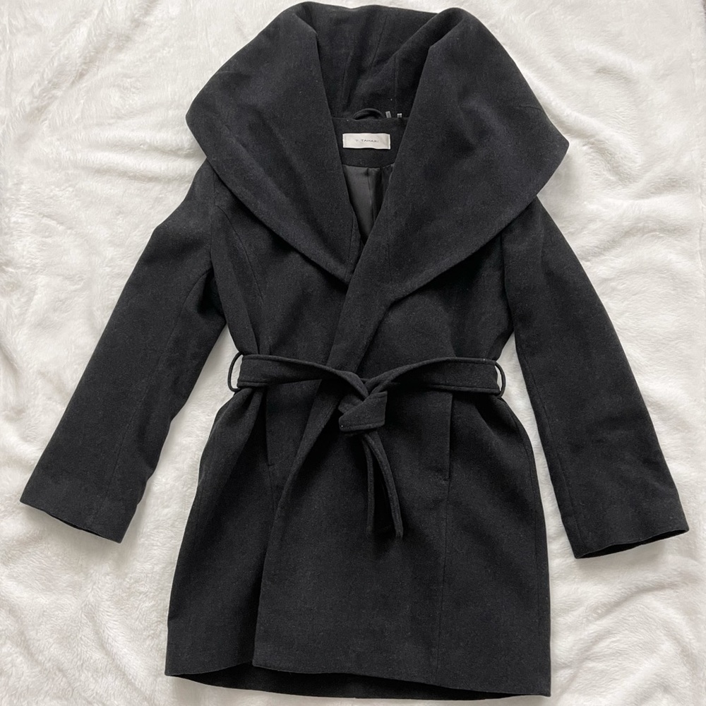 T Tahari Wool Blend Oversized Shawl Collar Wrap Coat Charcoal Gray Size XL